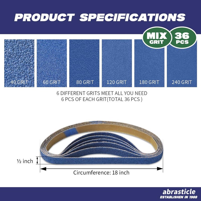 abrasticle 1/2"" x 18"" Zirconia Sanding Belts for Metal, 1/2 x 18 Inch Zirconia Metal Grinding Sand Paper, 36 PCS 6 Each of 40/60/80/120/180/240 Assorted Grits, Perfect for Metal Polishing, Derusting, Woodworking - Image 2